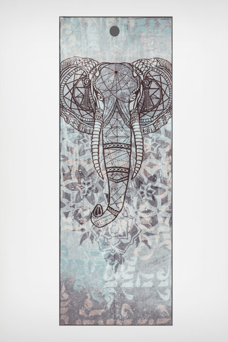 MANDUKA YOGITOES SKIDLESS MAT TOWEL IN STABILITY GANESH STYLE AND SPREAD OUT IMAGE